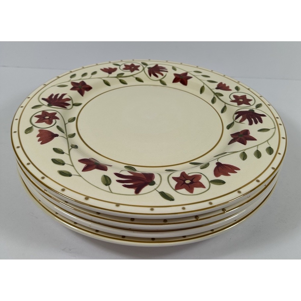 World Market Red Floral Dinner Plates 11" Green Vine Gold Dotted Rim Set 4 WOM10